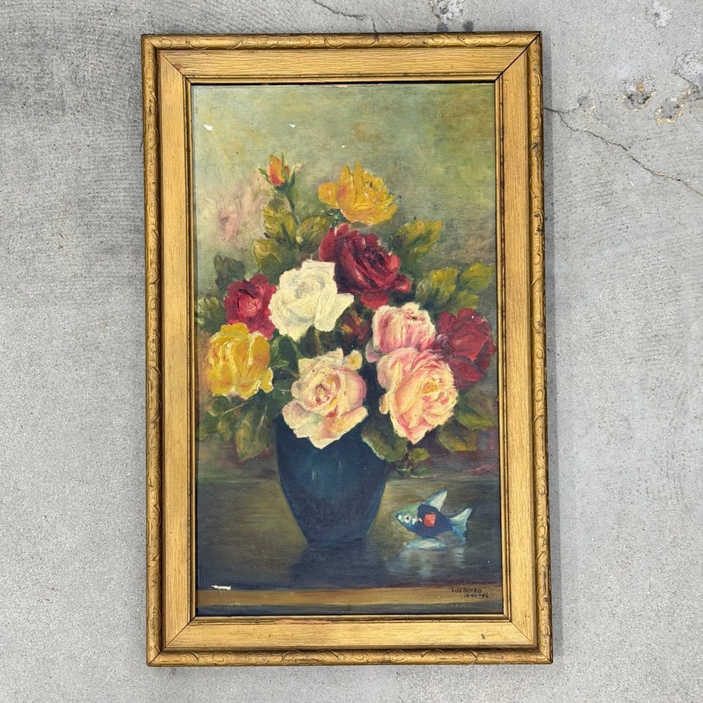 Vintage 1946 Original Floral Still Life Oil Painting L.H. Beird Gold Frame